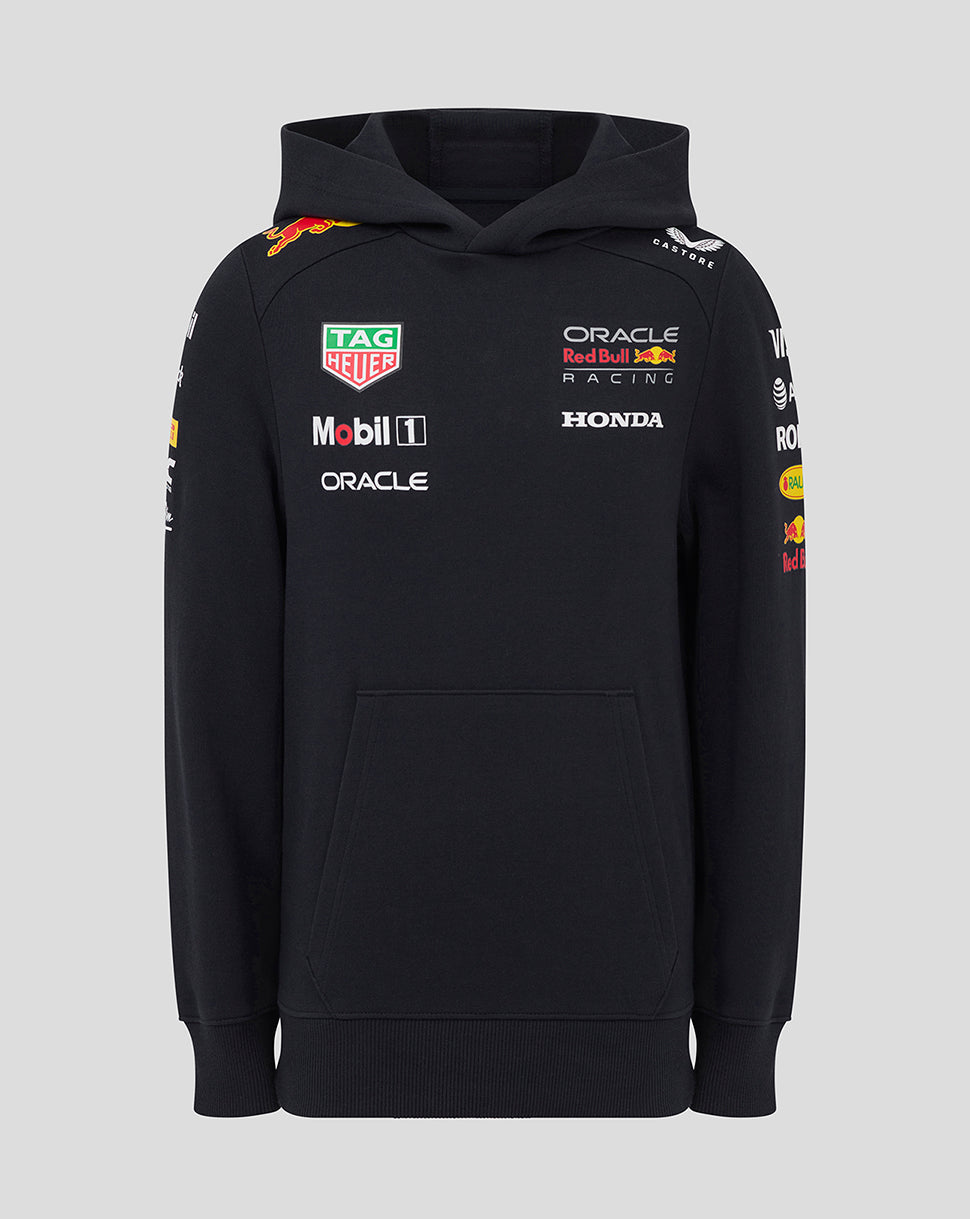 Front view of a black Night Sky Junior Oracle Red Bull Racing hoodie with sponsor logos on the chest.