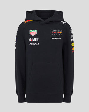 Front view of a black Night Sky Junior Oracle Red Bull Racing hoodie with sponsor logos on the chest.
