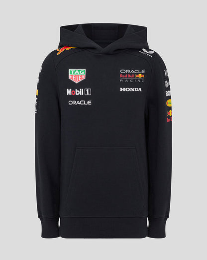 Front view of a black Night Sky Junior Oracle Red Bull Racing hoodie with sponsor logos on the chest.