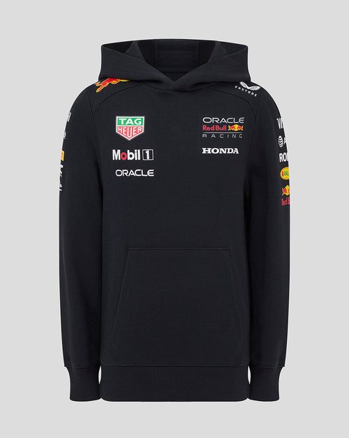 Front view of a black Night Sky Junior Oracle Red Bull Racing hoodie with sponsor logos on the chest.