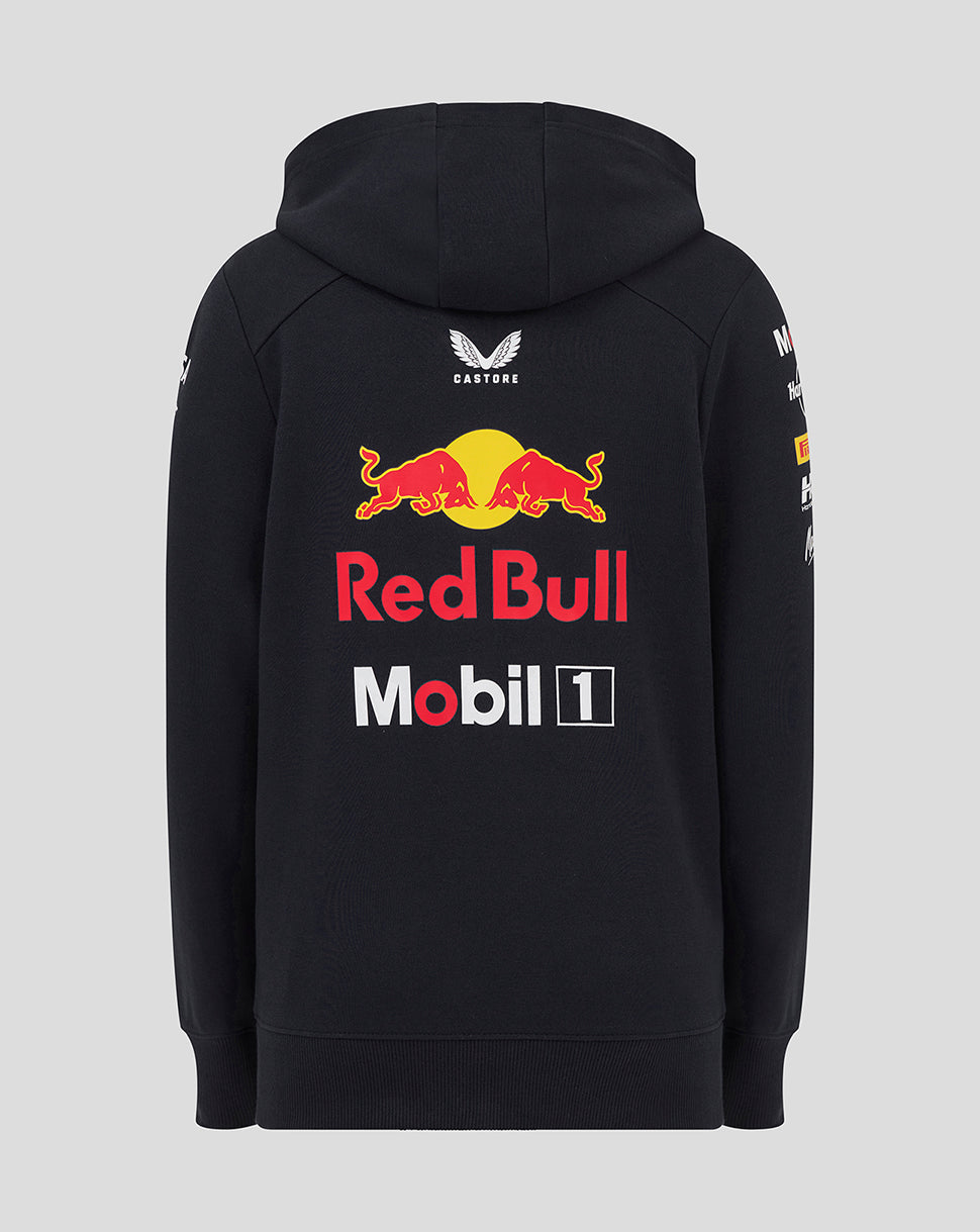 Back view of a black Night Sky hoodie with a large Red Bull logo on the back.
