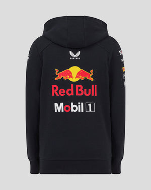 Back view of a black Night Sky hoodie with a large Red Bull logo on the back.