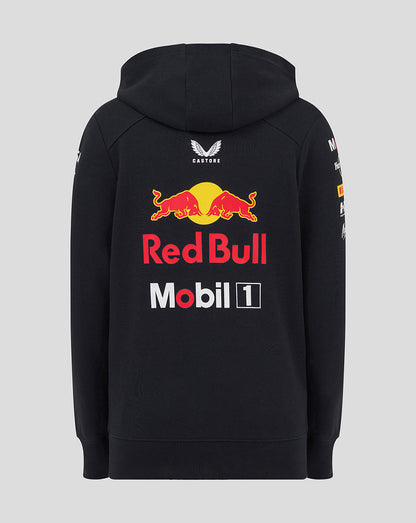 Back view of a black Night Sky hoodie with a large Red Bull logo on the back.
