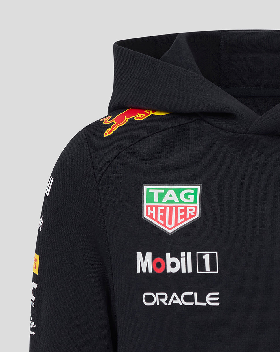 Back view of black Junior Teamline hoodie featuring multiple sponsor logos including Oracle Red Bull Racing and Tag Heuer.