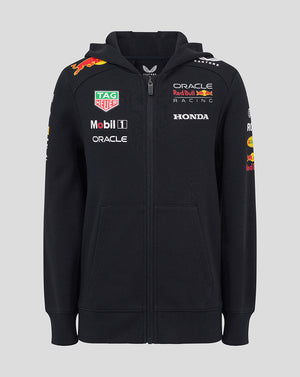 Front view of black zip hoodie with Oracle Red Bull Racing team logos on the chest and an attached hood.