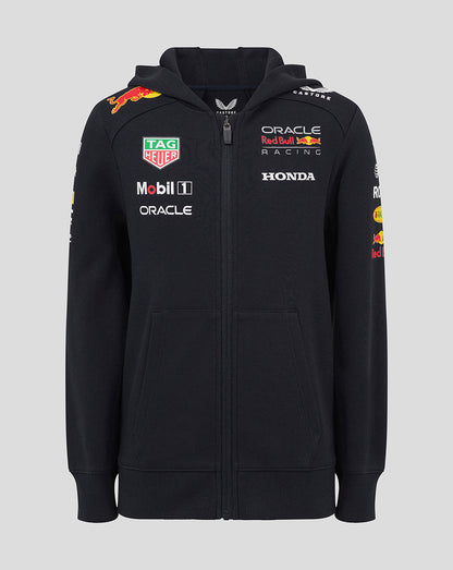 Front view of black zip hoodie with Oracle Red Bull Racing team logos on the chest and an attached hood.