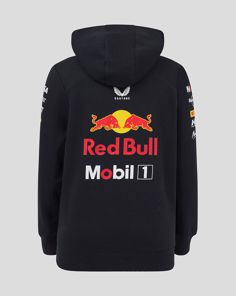 Back view of black hooded hoodie featuring a large Red Bull logo on the back and sponsor graphics along the sleeves.