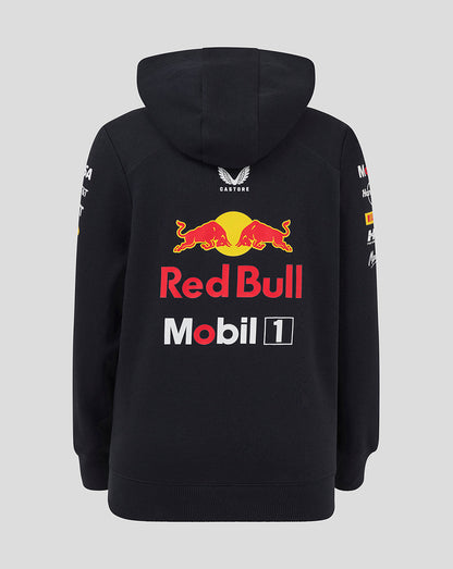 Back view of black hooded hoodie featuring a large Red Bull logo on the back and sponsor graphics along the sleeves.