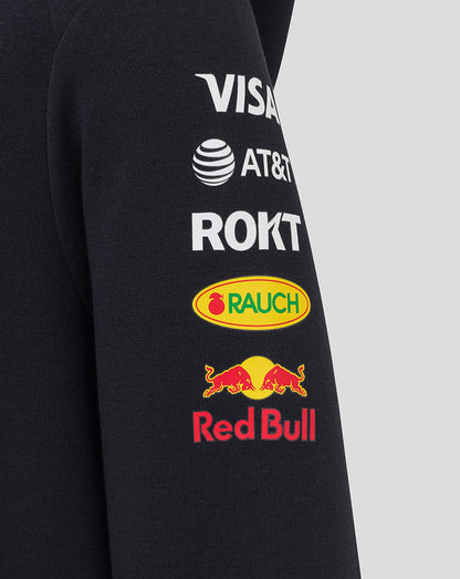 Close up of the hoodie sleeve showing stacked white sponsor logos printed on black fabric.