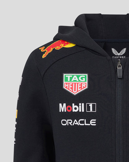 Shoulder and upper back of a black hoodie featuring a large Red Bull graphic and sponsor logos including TAG Heuer Mobil 1 Oracle