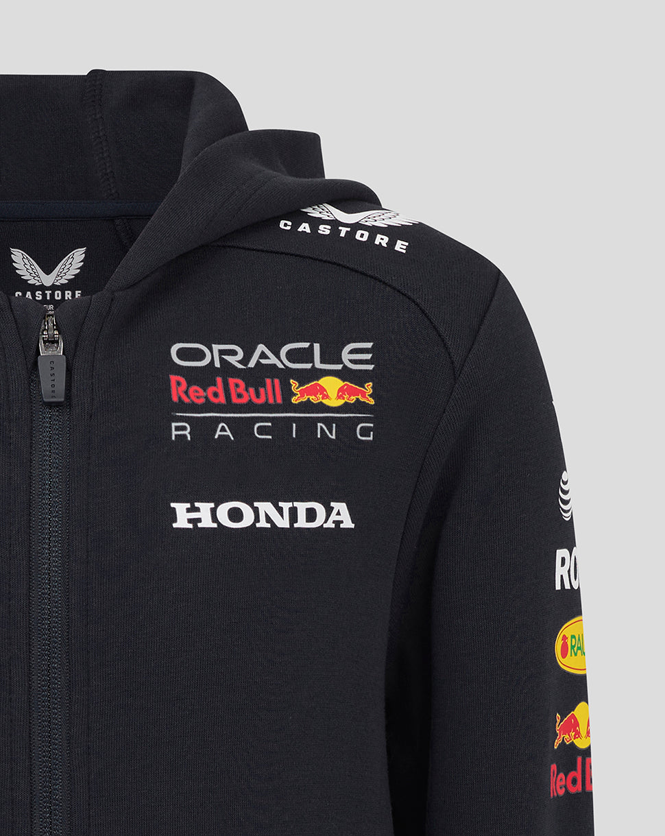 Three-quarter view of a black zip hoodie with Oracle Red Bull Racing and Honda Racing logos on the chest and a Castore neck label