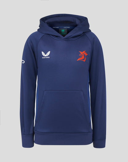 Sydney Roosters 2025 Junior Pro Players Hoodie navy with white Castore logo on left chest and red rooster crest on right