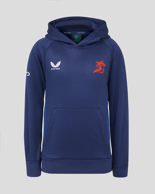 Sydney Roosters 2025 Junior Pro Players Hoodie navy with white Castore logo on left chest and red rooster crest on right