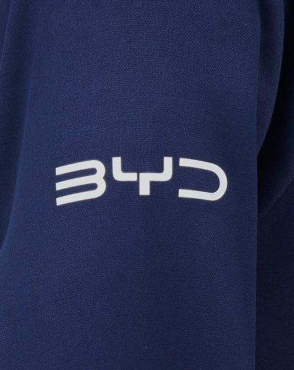Close up of navy fabric from the Sydney Roosters 2025 Junior Pro Players Hoodie with white lettering visible at the bottom.