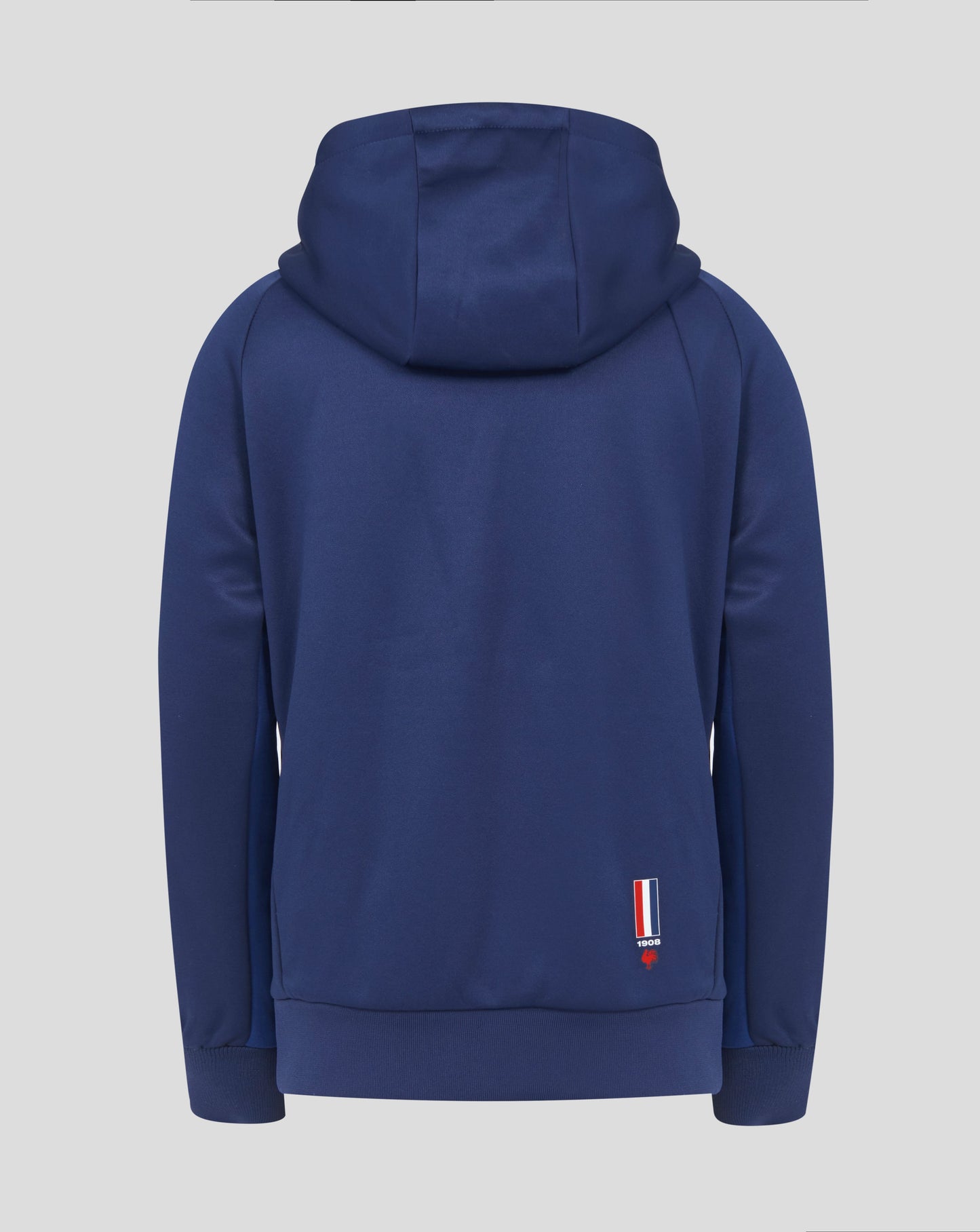 Back view of navy blue Sydney Roosters junior hoodie with hood and ribbed hem