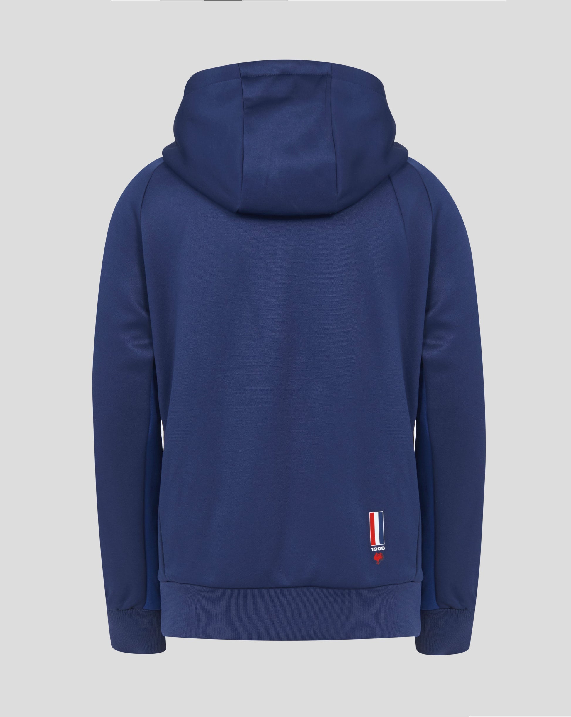 Back view of navy blue Sydney Roosters junior hoodie with hood and ribbed hem