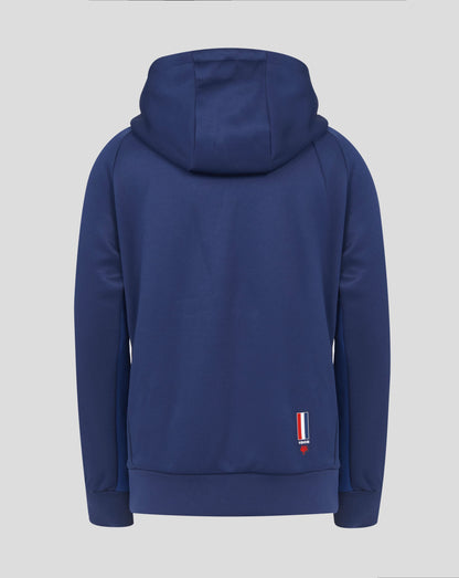 Back view of navy blue Sydney Roosters junior hoodie with hood and ribbed hem