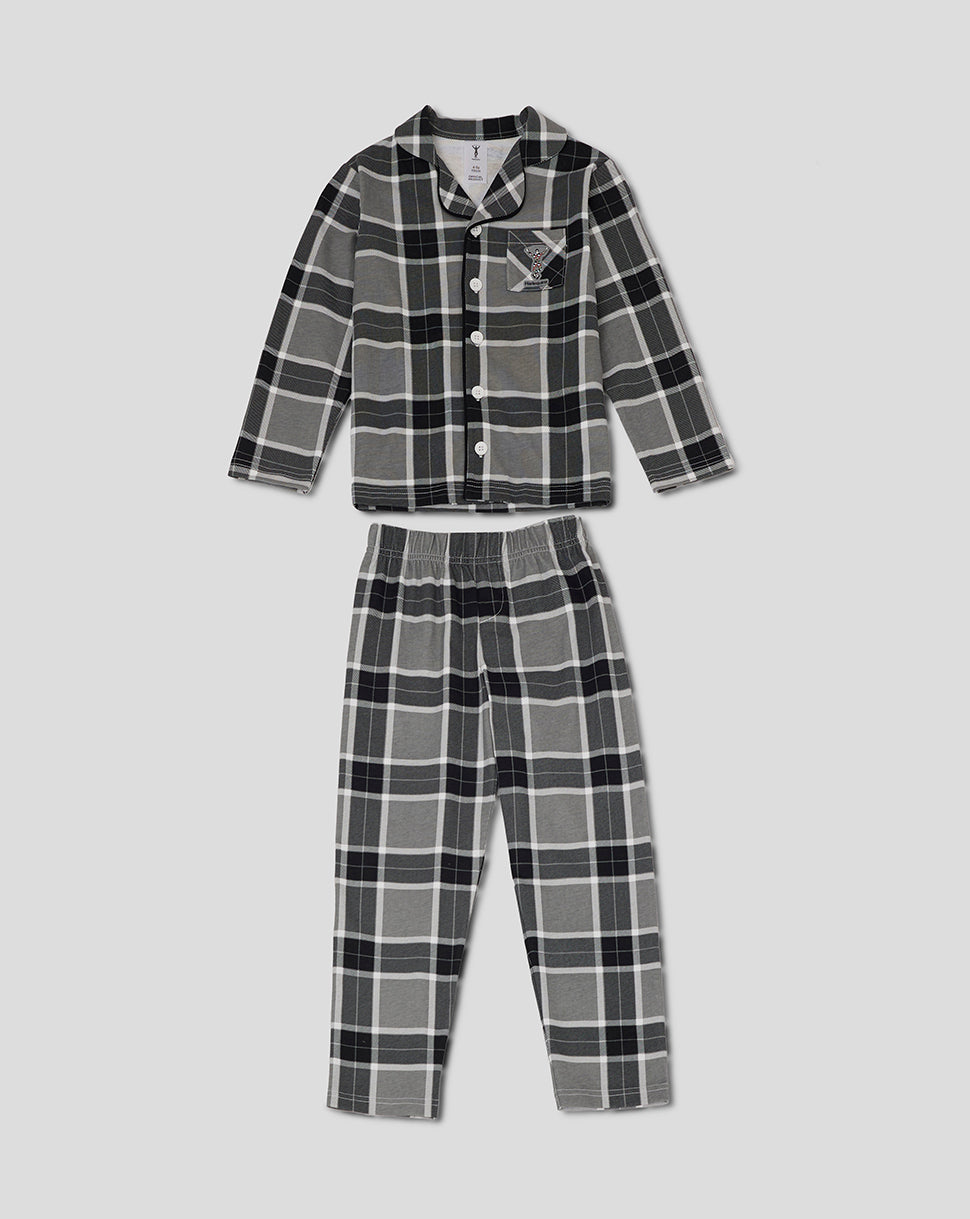 Grey and black plaid youth long pajama set with button top and elastic waist pants