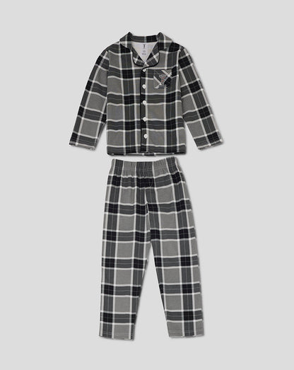 Grey and black plaid youth long pajama set with button top and elastic waist pants