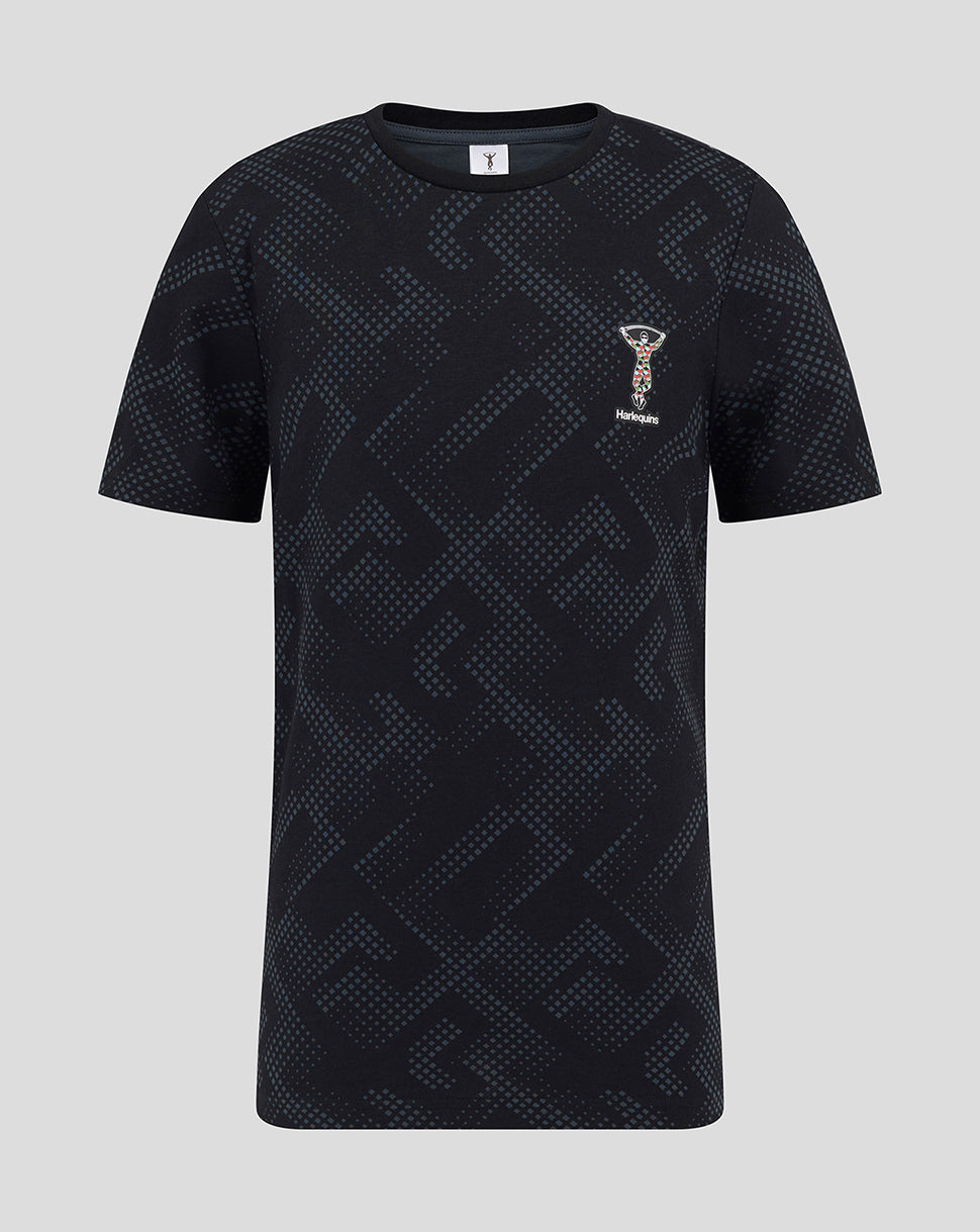 Harlequins Youth short sleeve PJ top in navy with a geometric pattern and a small left chest crest