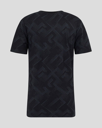 Back view of navy Harlequins Youth short sleeve PJ top with blue geometric pattern