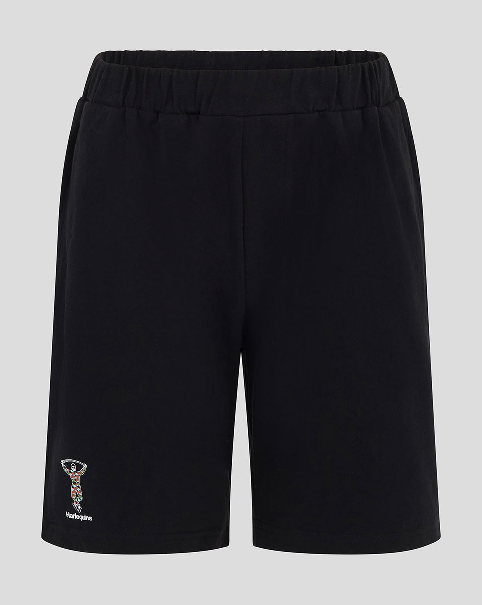 Harlequins Youth black shorts with elastic waistband and small club logo on the left leg