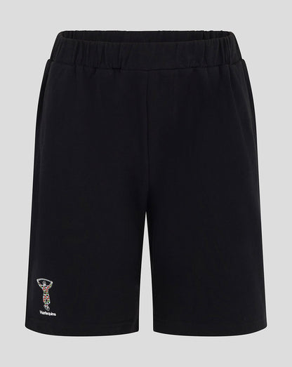 Harlequins Youth black shorts with elastic waistband and small club logo on the left leg