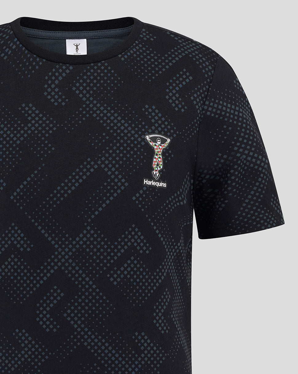 Harlequins Youth navy short sleeve PJ top with blue geometric print and crest on the chest