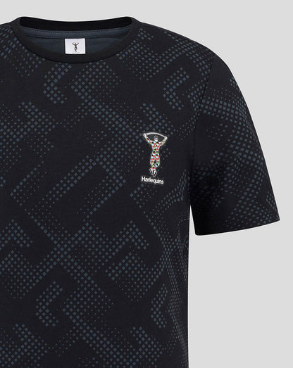 Harlequins Youth navy short sleeve PJ top with blue geometric print and crest on the chest