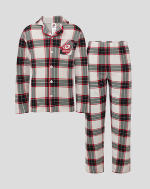 Saracens junior long pajama set in red gray plaid with buttoned shirt and matching pants