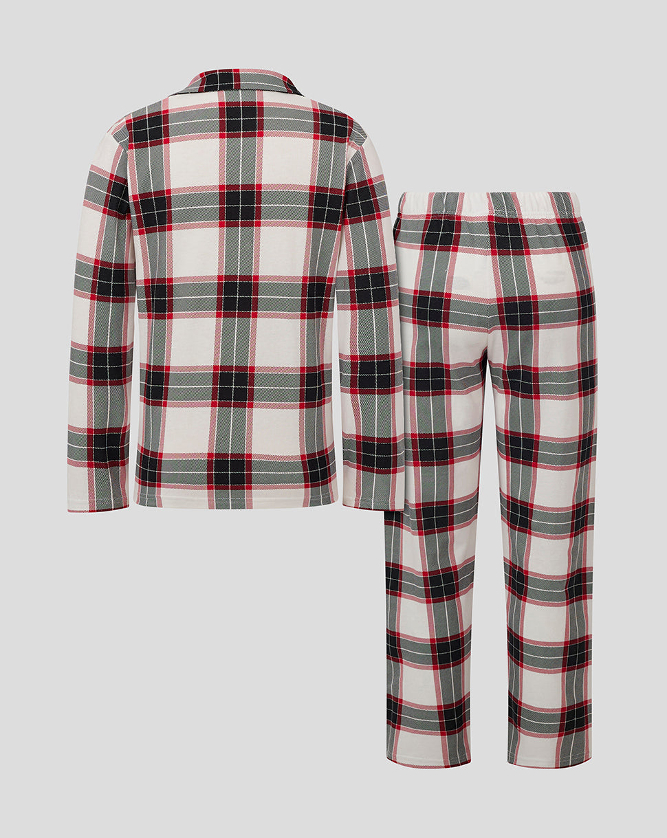 Back view of Saracens junior long pajama set in red gray plaid with matching pants