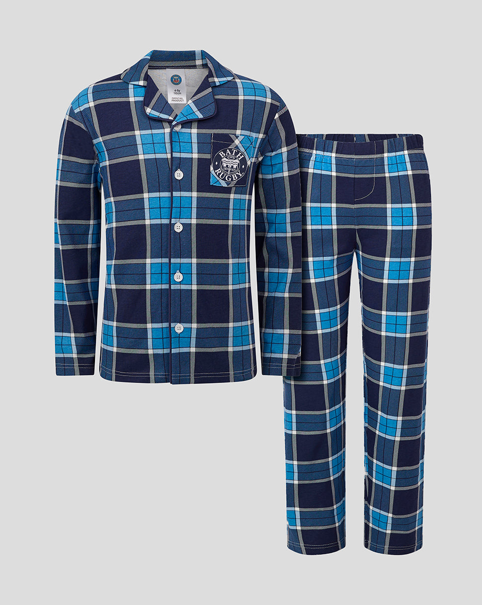 Infant Bath Rugby long pajama set in navy blue and light blue plaid with crests on the chest and left thigh.