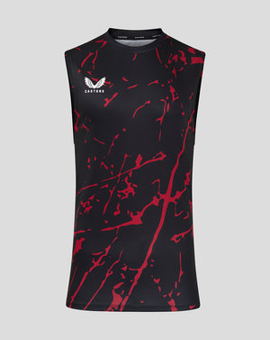 Black men's printed training singlet with red abstract splash pattern and Castore logo.