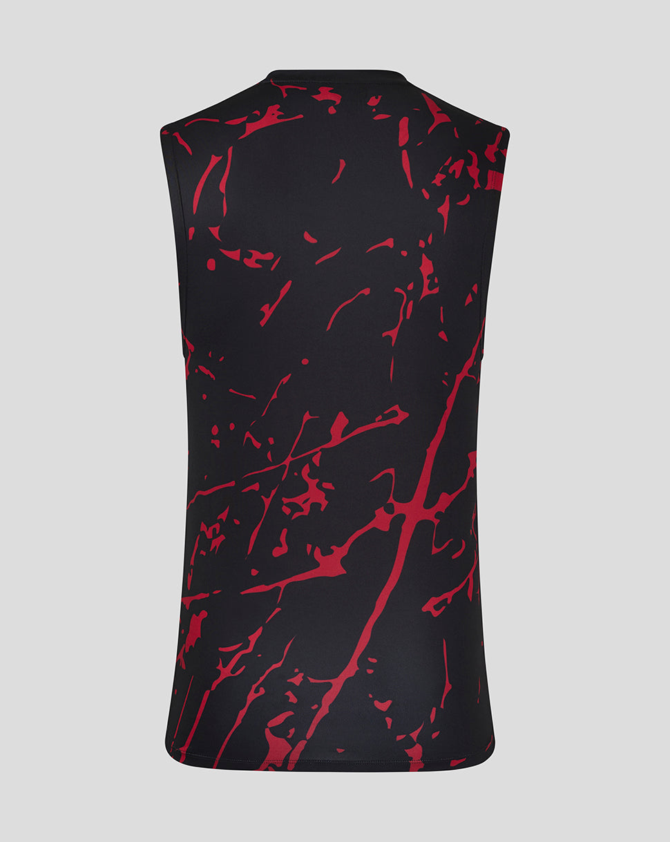 Back view of a black Mens Printed Training Singlet with red splatter pattern across the fabric.