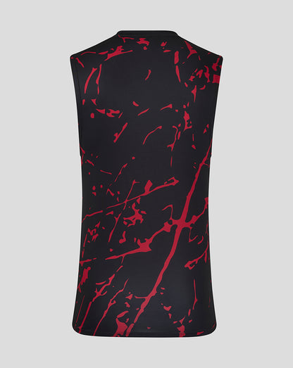 Back view of a black Mens Printed Training Singlet with red splatter pattern across the fabric.