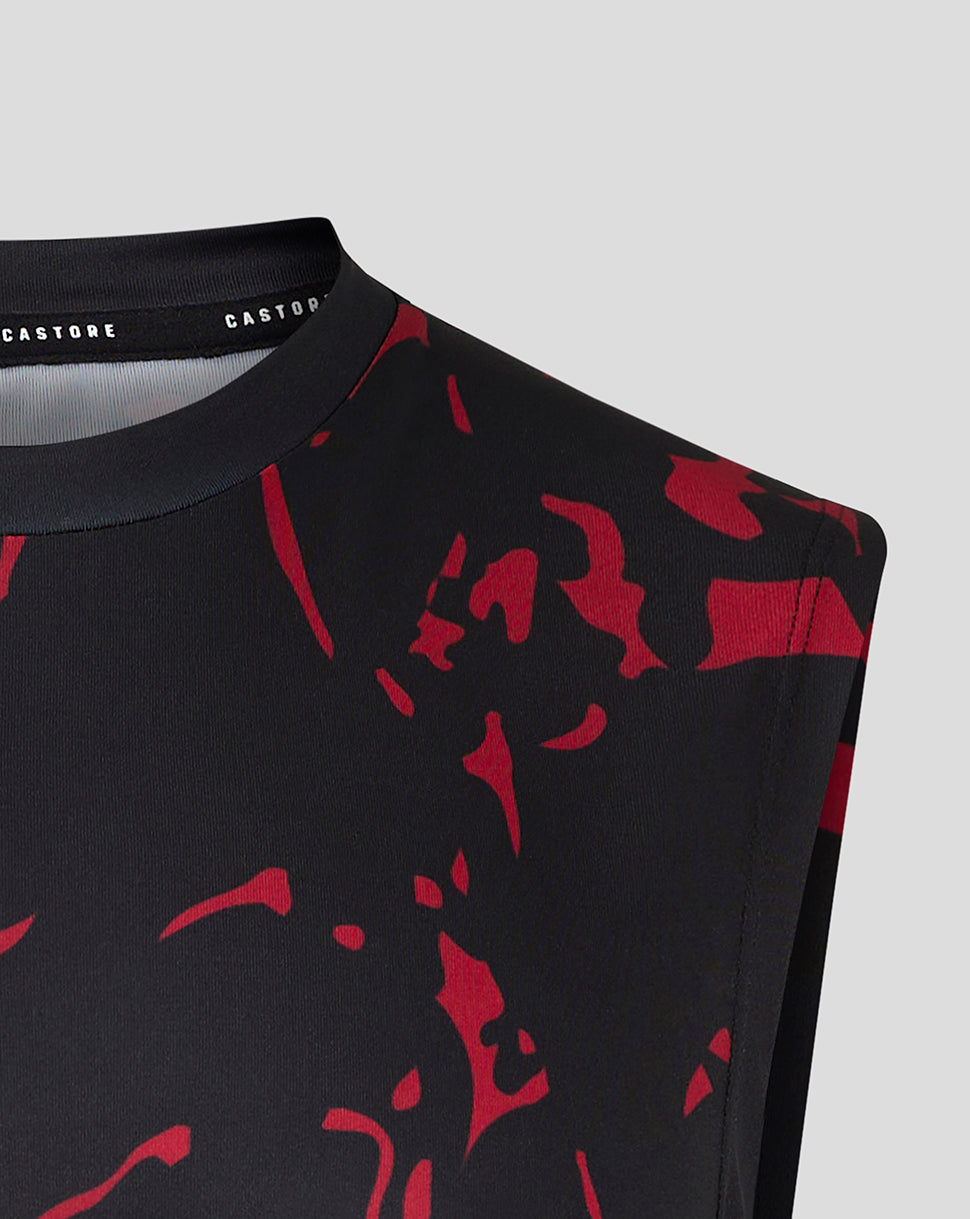 Collar and shoulder area of a black Mens Printed Training Singlet with red abstract splatter pattern.