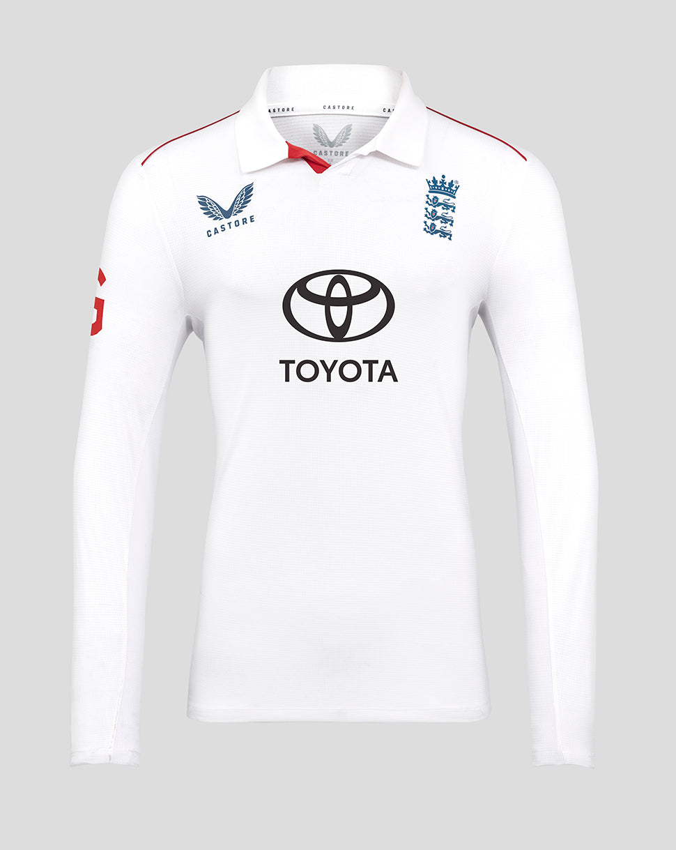 White England cricket long sleeve shirt with Toyota logo on the chest and England crest.