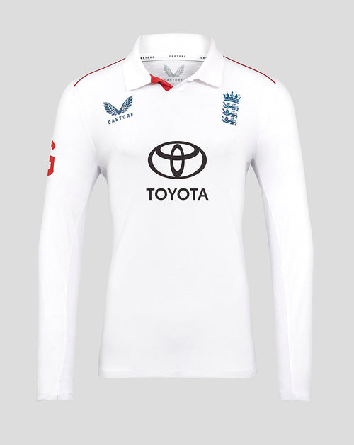 White England cricket long sleeve shirt with Toyota logo on the chest and England crest.