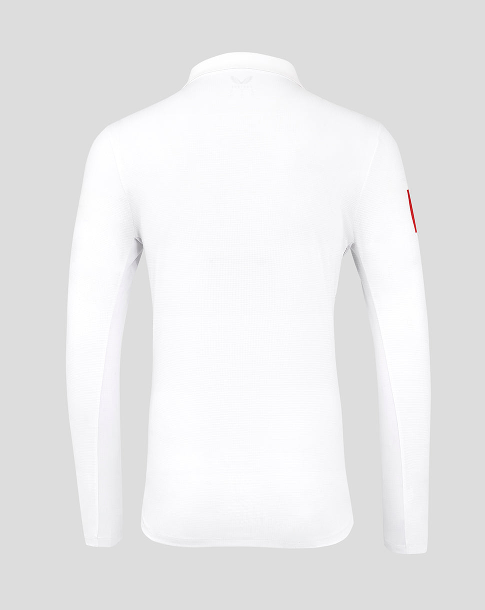 Back view of white England cricket pro long sleeve shirt with subtle texture and small crest at the collar.