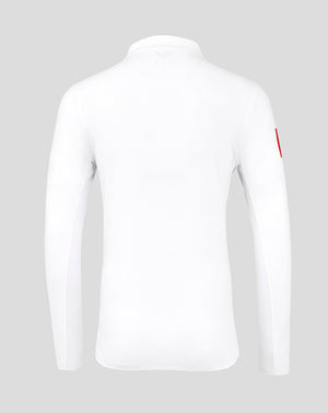 Back view of white England cricket pro long sleeve shirt with subtle texture and small crest at the collar.