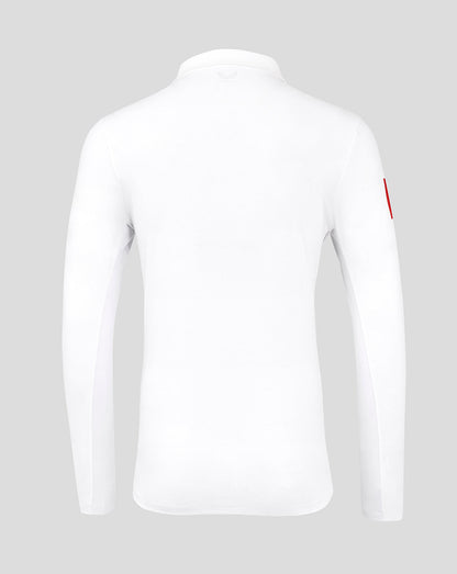 Back view of white England cricket pro long sleeve shirt with subtle texture and small crest at the collar.