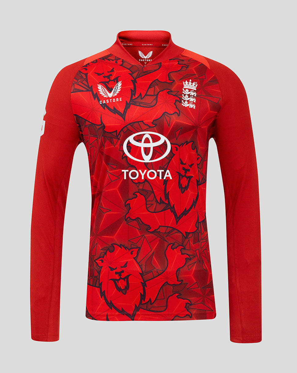 Front view of red England Cricket T20 Pro Long Sleeve Shirt with bold all over print and Toyota logo