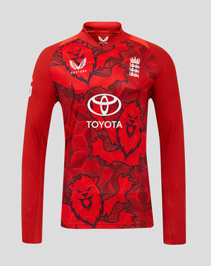 Front view of red England Cricket T20 Pro Long Sleeve Shirt with bold all over print and Toyota logo