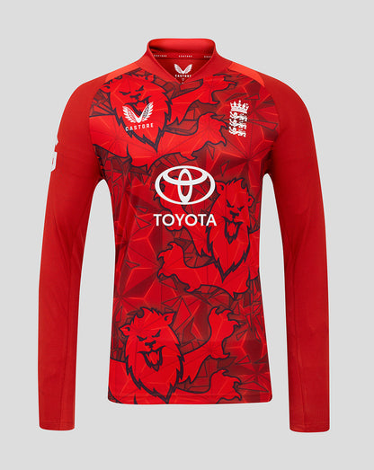 Front view of red England Cricket T20 Pro Long Sleeve Shirt with bold all over print and Toyota logo