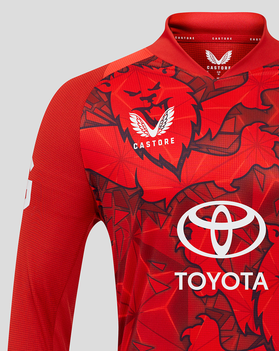 England T20 Pro long sleeve cricket shirt in vivid red with bold sublimation print and Three Lions crest, raglan sleeves