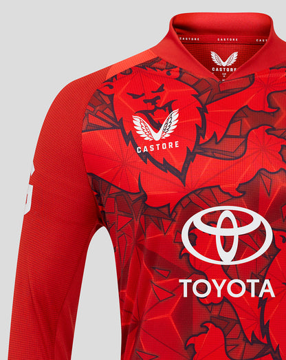 England T20 Pro long sleeve cricket shirt in vivid red with bold sublimation print and Three Lions crest, raglan sleeves