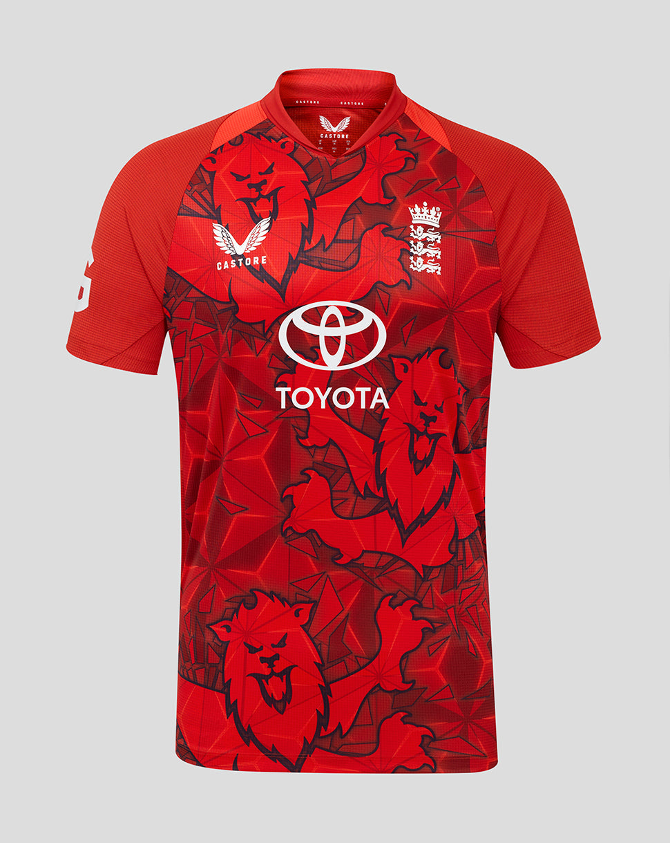 England T20 Pro shirt in red with large lion graphic, raglan short sleeves and Toyota sponsor on the front