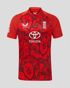 England T20 Pro shirt in red with large lion graphic, raglan short sleeves and Toyota sponsor on the front
