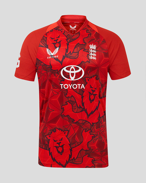 England T20 Pro shirt in red with large lion graphic, raglan short sleeves and Toyota sponsor on the front