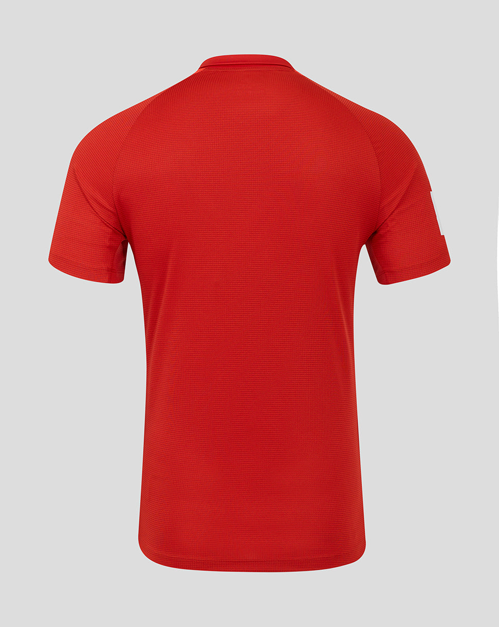 Back view of red England Cricket T20 Pro Shirt 25/26 with raglan sleeves and subtle mesh texture.
